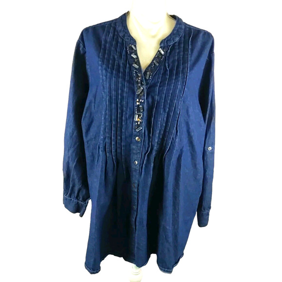 Denim Beaded Roll up or Long Sleeve Women's Shirt Size 26 W Roamans - Picture 1 of 13